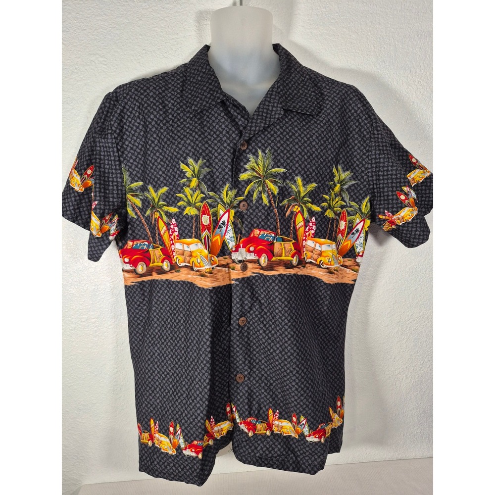 Palmwave Hawaii Mens Large Black Cotton Surf Woodie Car Tropical Camp Shirt